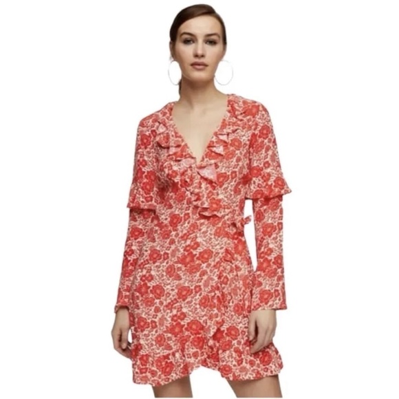NEW Topshop Orange and Cream Ruffle Long Sleeve Mini Dress 4. - Picture 6 of 6